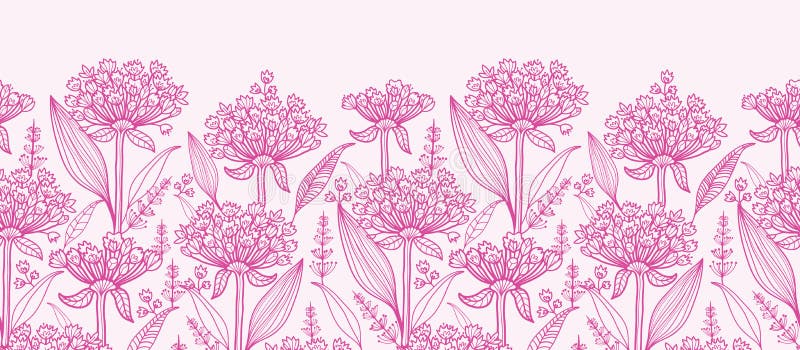 Vector pink lillies lineart horizontal border seamless pattern background with hand drawn elements. Vector pink lillies lineart horizontal border seamless pattern background with hand drawn elements