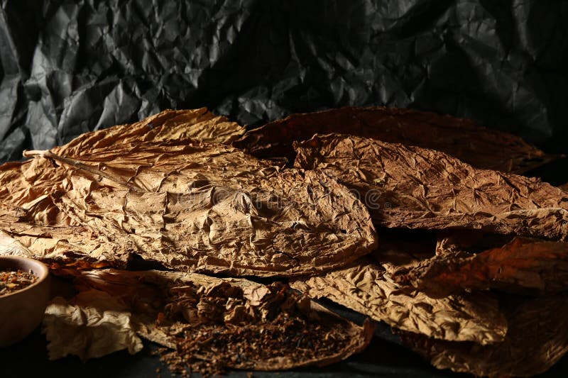 桌上的烟草和干燥的树叶，特写 免版税图库摄影