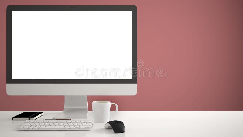 桌面大模型、模板、计算机在工作书桌上有黑屏的,键盘老鼠和笔记薄与笔和铅笔,红色pantone c 免版税库存图片 桌面大模型、模板、计算机在工作书桌上有黑屏的,键盘老鼠和笔记薄与笔和铅笔,红色pantone c 免版税库存图片