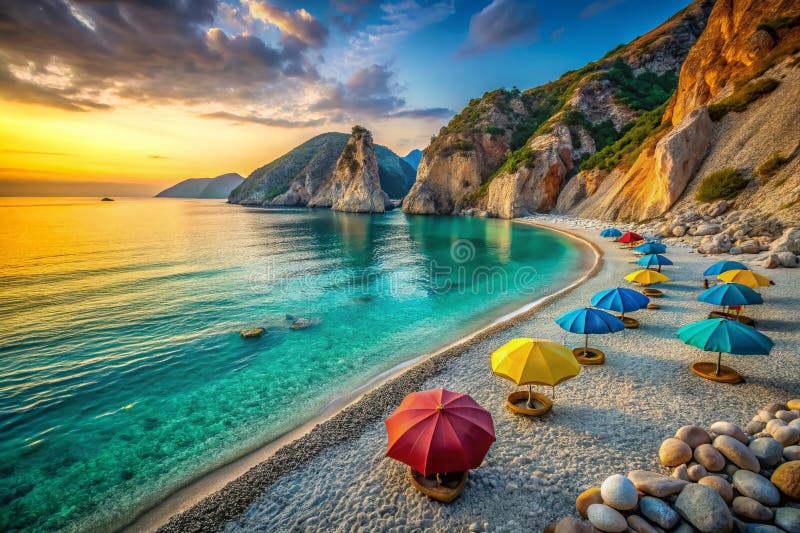 梦似碧绿的海滩，灰色的鹅卵石，太阳亲吻雨伞，高耸的悬崖，在超现实的海景中 皇族释放例证