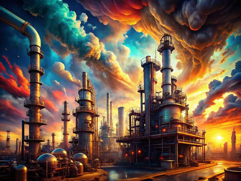 梦幻般的工业景观超现实炼油厂钢烟和抽象形式 库存例证