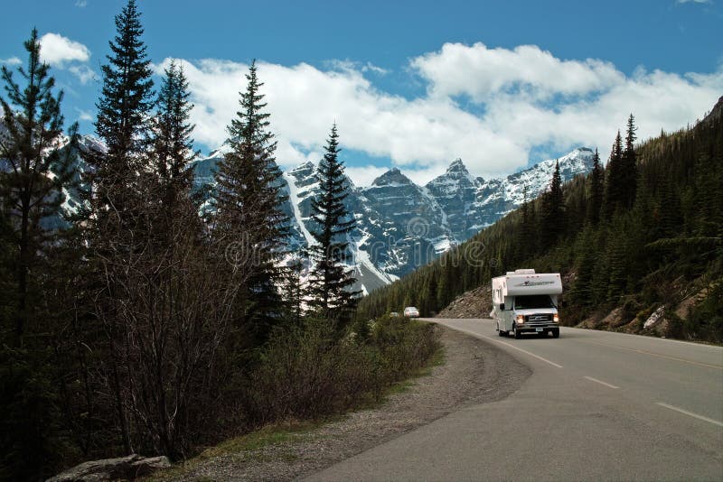 Camper on the road out from the Valley of the Ten Peaks and Moraine Lake, Banff National Park, Alberta, Canada. Camper on the road out from the Valley of the Ten Peaks and Moraine Lake, Banff National Park, Alberta, Canada.