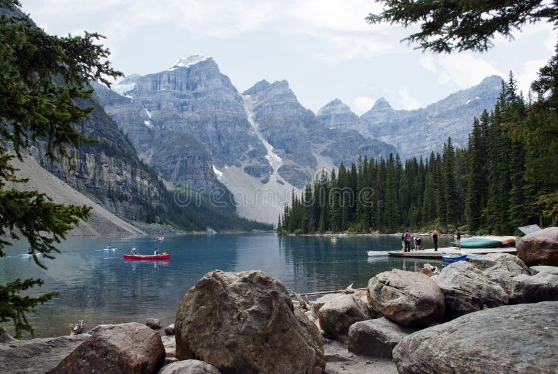 Kayaks on Moraine Lake , Banff National Park, Alberta, Canada. Kayaks on Moraine Lake , Banff National Park, Alberta, Canada