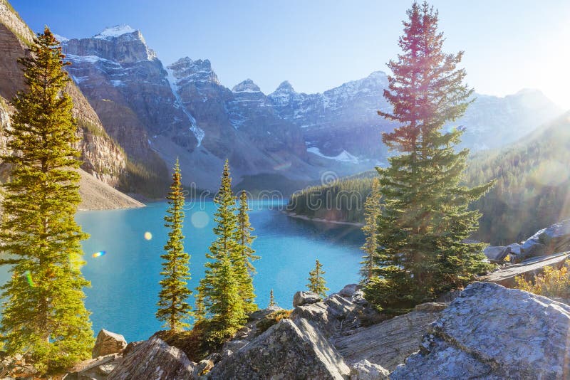 Moraine Lake is a glacially-fed lake in Banff National Park 14 km outside of Lake Louise, Alberta, Canada. It is situated in the Valley of the Ten Peaks, at an elevation of approximately 1885 m. Moraine Lake is a glacially-fed lake in Banff National Park 14 km outside of Lake Louise, Alberta, Canada. It is situated in the Valley of the Ten Peaks, at an elevation of approximately 1885 m.