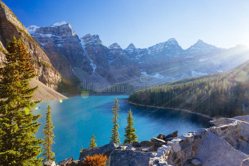 Moraine Lake is a glacially-fed lake in Banff National Park 14 km outside of Lake Louise, Alberta, Canada. It is situated in the Valley of the Ten Peaks, at an elevation of approximately 1885 m. Moraine Lake is a glacially-fed lake in Banff National Park 14 km outside of Lake Louise, Alberta, Canada. It is situated in the Valley of the Ten Peaks, at an elevation of approximately 1885 m.