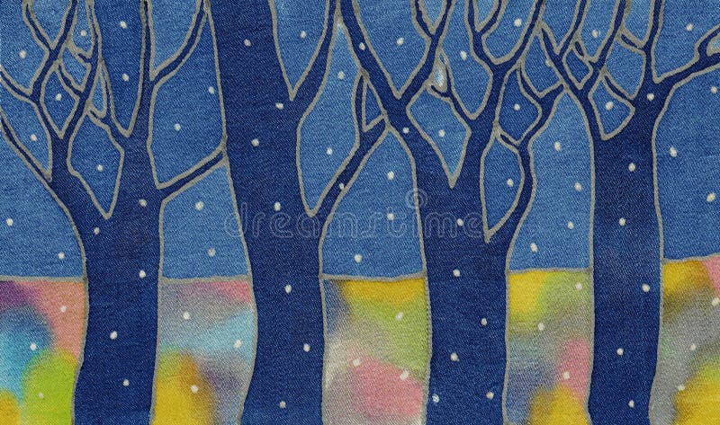 Image of my artwork with a batik textile night snow forest. Image of my artwork with a batik textile night snow forest