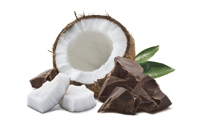 椰子巧克力在白色隔绝的绿色叶子
