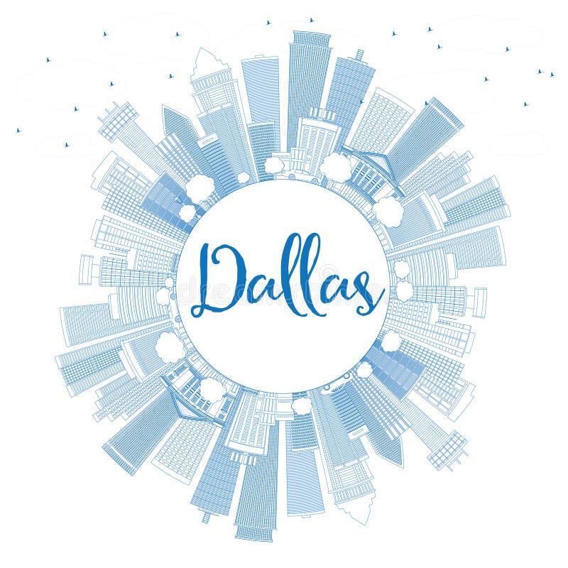 达拉斯天际线轮廓，蓝色建筑物和空白区域 库存例证
