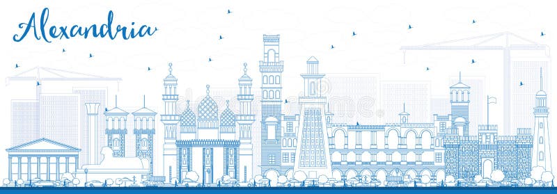 Outline Alexandria Skyline with Blue Buildings. Vector Illustration. Business Travel and Tourism Concept with Historic Architecture. Image for Presentation Banner Placard and Web Site. Outline Alexandria Skyline with Blue Buildings. Vector Illustration. Business Travel and Tourism Concept with Historic Architecture. Image for Presentation Banner Placard and Web Site