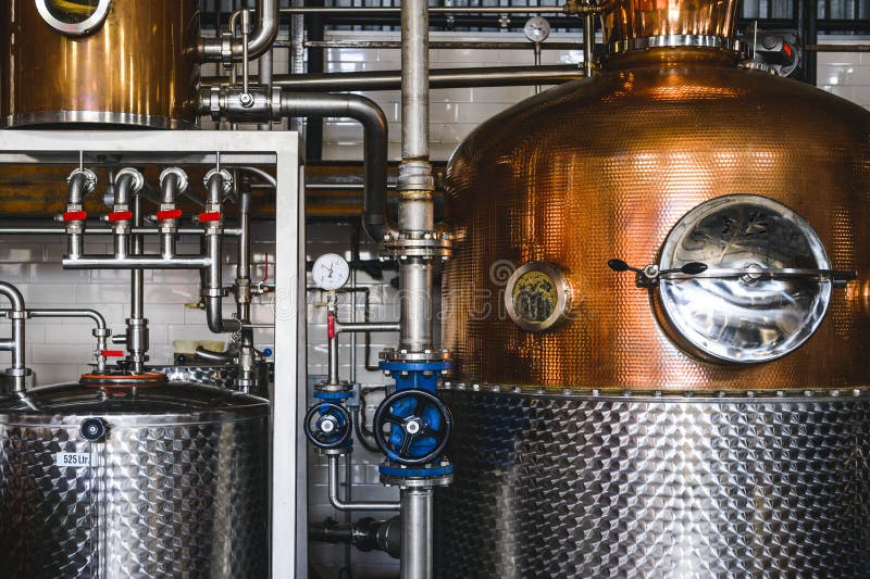 Distillery equipment inside a brewery. Distillery equipment inside a brewery