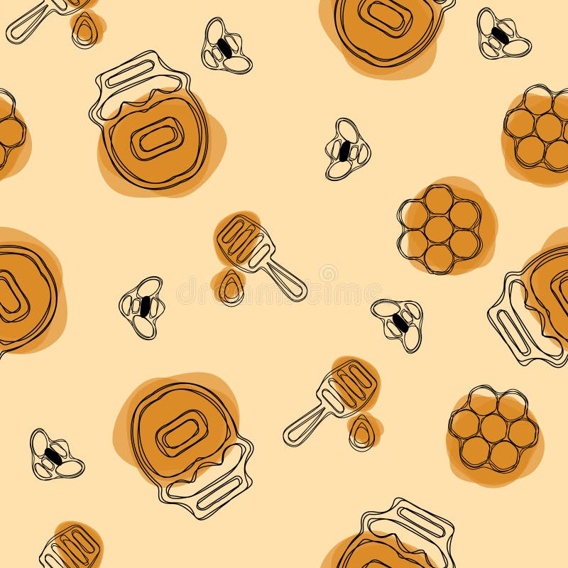 Vector seamless pattern. Beekeeping product. Included bee, honey, dipper, honeycomb, beehive and flower on olive background. Vector seamless pattern. Beekeeping product. Included bee, honey, dipper, honeycomb, beehive and flower on olive background