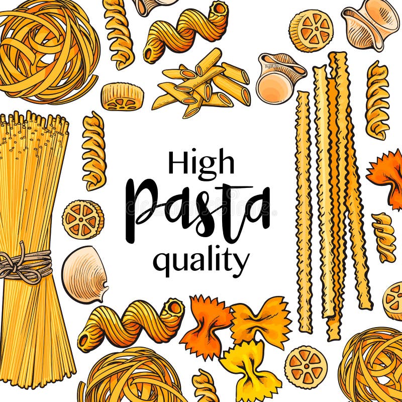 Banner framed with uncooked Italian pasta with place for text, sketch vector illustration on white background. Banner frame with hand drawn penne, spaghetti, bow pasta and place for text. Banner framed with uncooked Italian pasta with place for text, sketch vector illustration on white background. Banner frame with hand drawn penne, spaghetti, bow pasta and place for text