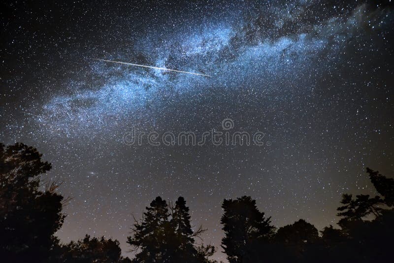 Shooting star across milky way starry sky above tree silhouettes. Shooting star across milky way starry sky above tree silhouettes