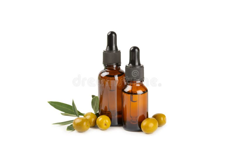 橄榄油. 白色背景中突显的橄榄油的玻璃瓶. 橄榄油化妆品. 润肤养发血清. 美学. 天然化妆品. 复制空间
