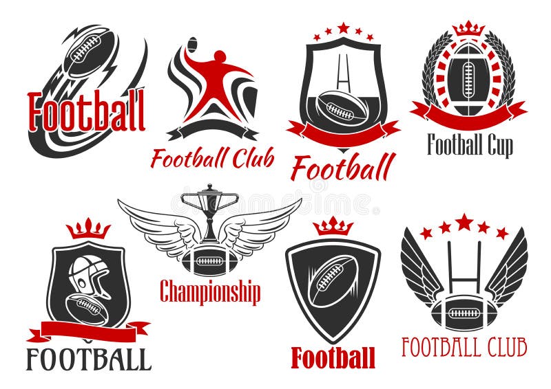 American football and rugby sporting badges of balls, player, trophy cup, goal post frames and helmet, supplemented by heraldic shields, wreath and ribbon banners, stars, wings and crowns. American football and rugby sporting badges of balls, player, trophy cup, goal post frames and helmet, supplemented by heraldic shields, wreath and ribbon banners, stars, wings and crowns