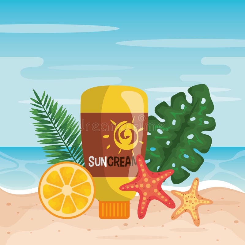 suncream with orange fruit and starfishes with leaves to summer time vector illustration. suncream with orange fruit and starfishes with leaves to summer time vector illustration