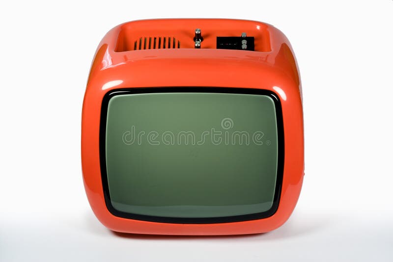 Front of an old orange television. Front of an old orange television