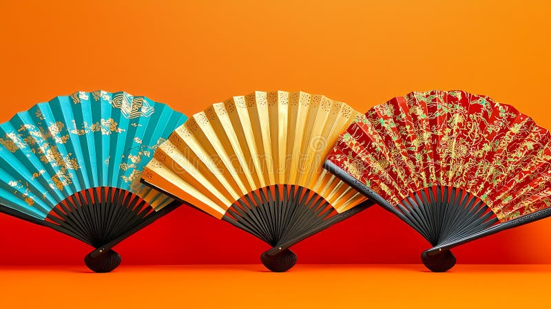 橙色背景中的三只彩色中国折叠扇 库存照片