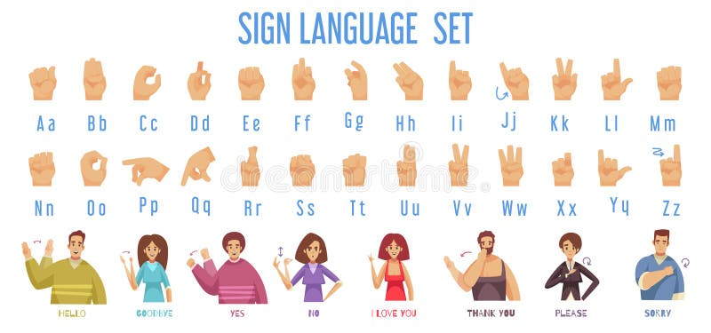 Sign language set with deaf hand set symbols flat isolated vector illustration. Sign language set with deaf hand set symbols flat isolated vector illustration