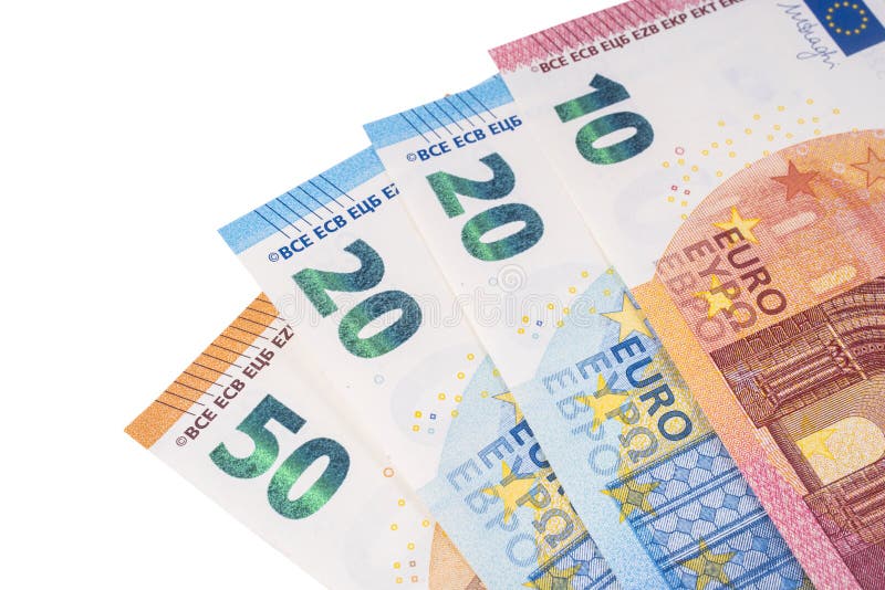 A close-up abstract shot of 100 Euros on a plain white background. A close-up abstract shot of 100 Euros on a plain white background.