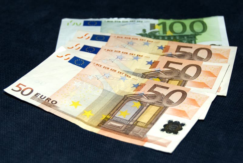 European money: one bill of 100 (one hundred) euro and three bills of 50 euro. European money: one bill of 100 (one hundred) euro and three bills of 50 euro