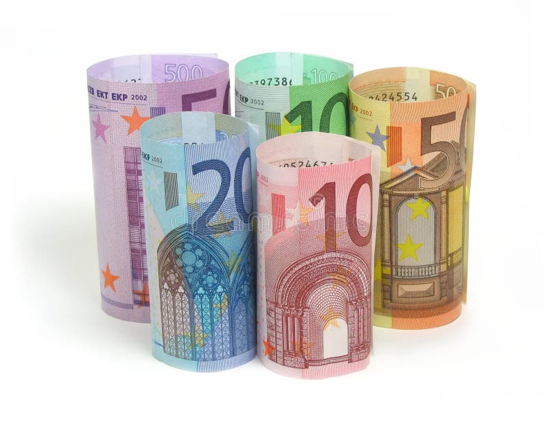 10, 20, 50, 100 and 500 euro notes on white background. 10, 20, 50, 100 and 500 euro notes on white background