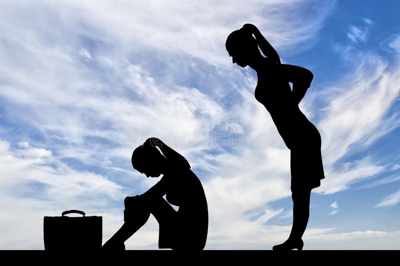 Workplace bullying. Silhouette of a scared female employee sitting on the floor and a female boss from behind scolding her. Workplace bullying. Silhouette of a scared female employee sitting on the floor and a female boss from behind scolding her