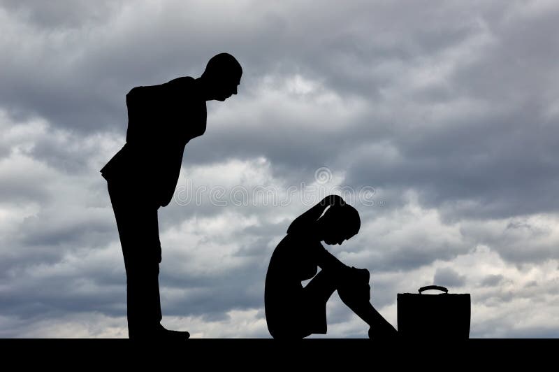 Workplace bullying concept. Workplace bullying concept. Silhouette of a frightened woman worker sitting on the floor and a man boss from behind scolding him. Workplace bullying concept. Workplace bullying concept. Silhouette of a frightened woman worker sitting on the floor and a man boss from behind scolding him