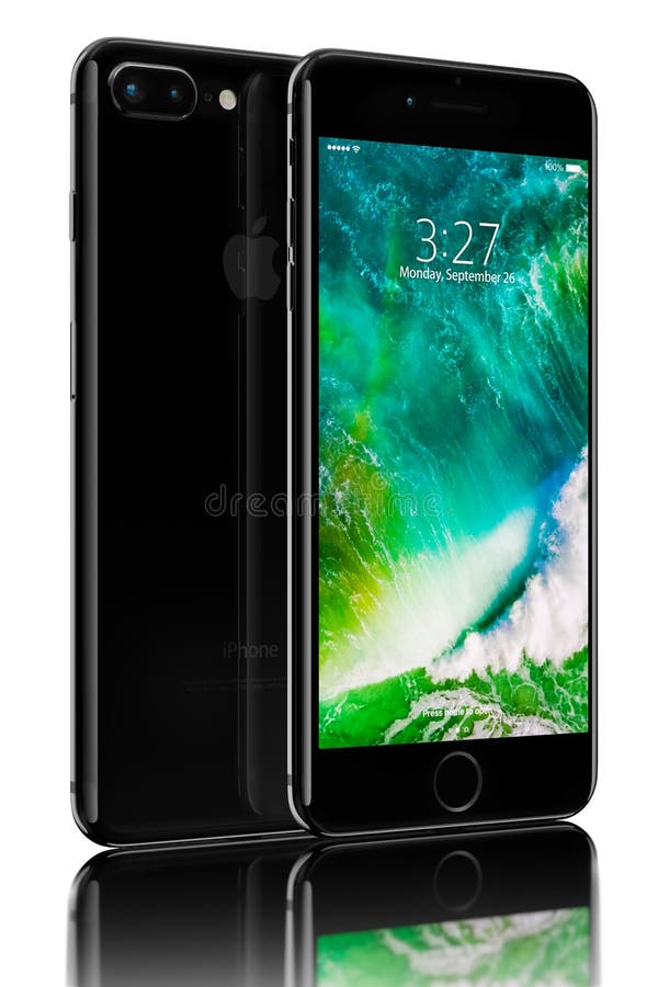 Galati, Romania â€“ October 05, 2016: 3D rendering of Jet Black iPhone 7 Plus on black background. Devices displaying the applications on the home screen. The iPhone 7 Plus is smart phone with multi touch screen produced by Apple Computer, Inc. Galati, Romania â€“ October 05, 2016: 3D rendering of Jet Black iPhone 7 Plus on black background. Devices displaying the applications on the home screen. The iPhone 7 Plus is smart phone with multi touch screen produced by Apple Computer, Inc.