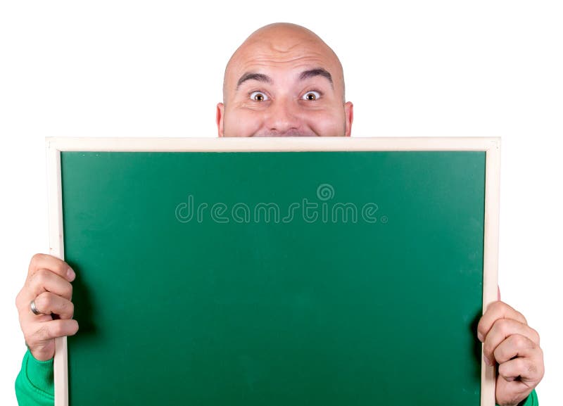 Positive bald man holding blank chal board,isolated on white background. Positive bald man holding blank chal board,isolated on white background