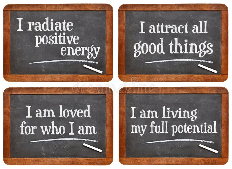 A set of vintage blackboard signs with positive affirmation phrases. A set of vintage blackboard signs with positive affirmation phrases