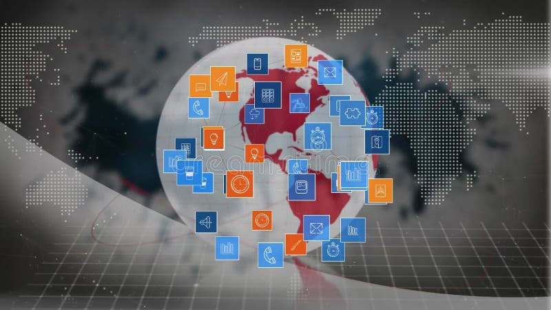 此动画展示了一个地球，周围环绕着商业图标，背景为绿色 向量例证