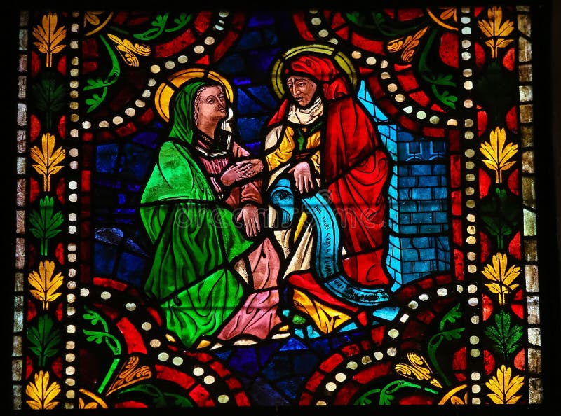 Stained glass window depicting the Visitation, the visit of Mother Mary with Elizabeth in the cathedral of Leon, Castille and Leon, Spain. Stained glass window depicting the Visitation, the visit of Mother Mary with Elizabeth in the cathedral of Leon, Castille and Leon, Spain.