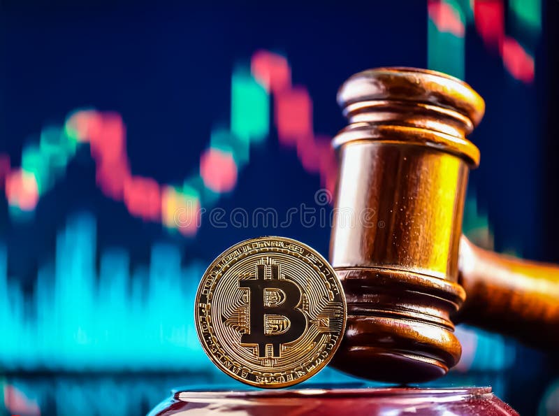 比特币旁边的小木槌，象征着在市场趋势上升之际围绕加密货币的法律问题. 库存照片
