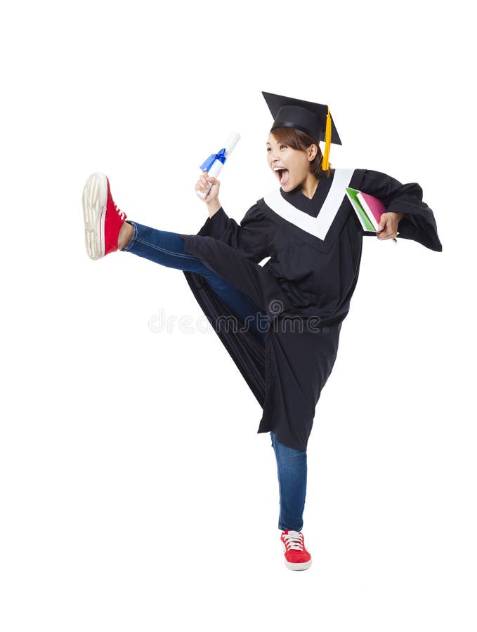 Happy female student in graduate robe dancing. Happy female student in graduate robe dancing