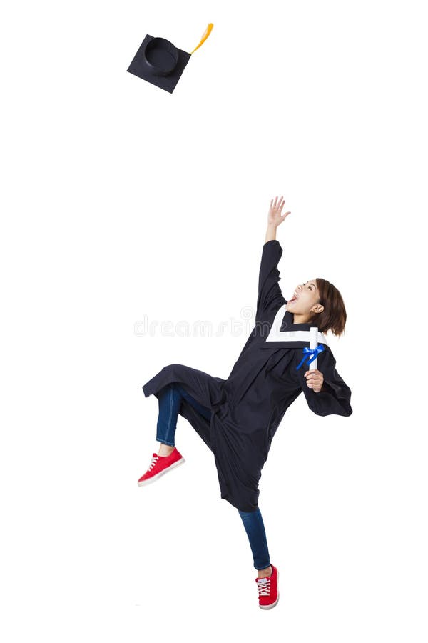 Happy female student in graduate robe dancing. Happy female student in graduate robe dancing