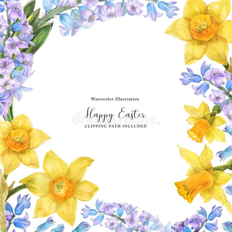 Spring watercolor frame with daffodil and hyacinth flowers on a white background, clipping path included. Spring watercolor frame with daffodil and hyacinth flowers on a white background, clipping path included