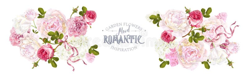 Vector floral horizontal banner with peony, hydrangea, rose flower and ribbon. Romantic design for natural cosmetics, perfume, women products. Can be used as greeting card. Best for wedding invitation. Vector floral horizontal banner with peony, hydrangea, rose flower and ribbon. Romantic design for natural cosmetics, perfume, women products. Can be used as greeting card. Best for wedding invitation