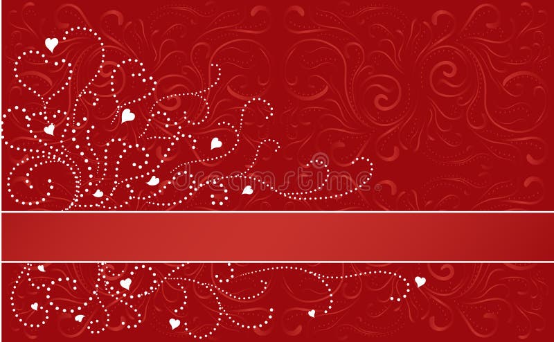 Red swrirl patterned background with white dot swirls and hearts and a horizontal stripe. Red swrirl patterned background with white dot swirls and hearts and a horizontal stripe