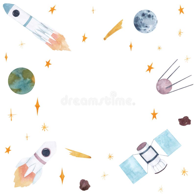水彩手画圆框，具有复制空间和外空元素火箭、恒星、行星、宇航员、卫星等 免版税库存照片