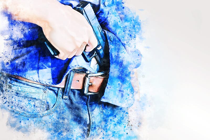 Abstract colorful close-up man holding gunman concept on watercolor illustration painting background. Abstract colorful close-up man holding gunman concept on watercolor illustration painting background.