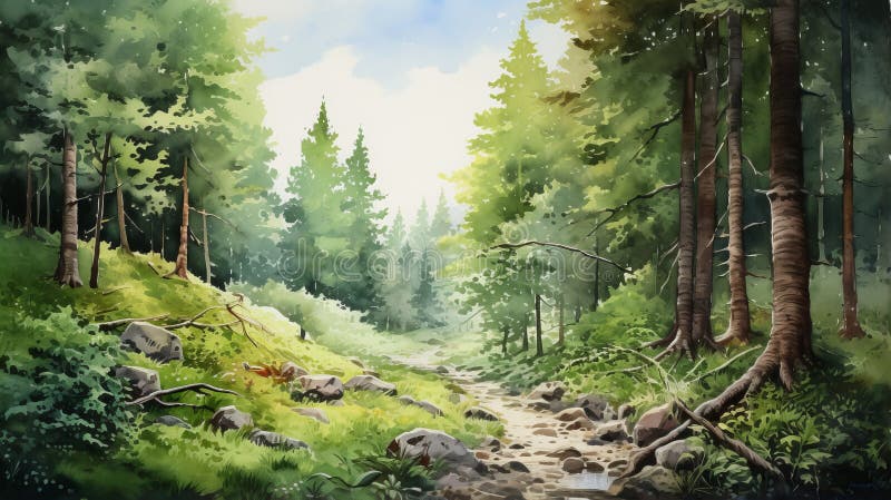 森林風景 水彩画 雑木林の朝(東光寺裏山)~透明水彩F6 日の出間もない朝日が射して幻想的