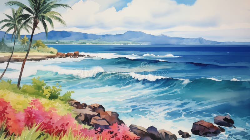 水彩海滩风景库存例证. 插画包括有沿海, 云彩, 火箭筒, 节假日, 含沙