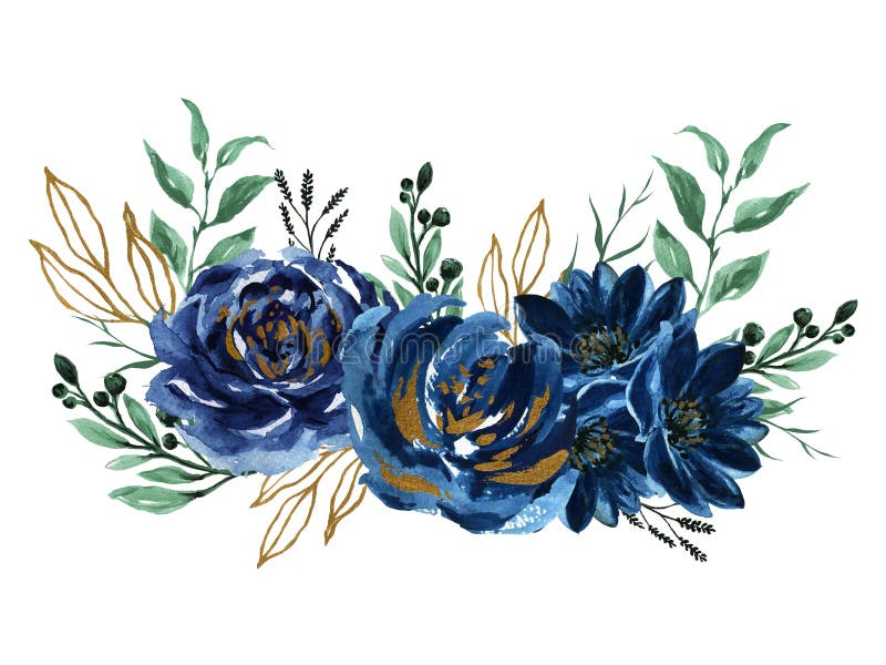 水彩深蓝色金色绿花插图为设计用花彩绘成贺卡情人节， 皇族释放例证