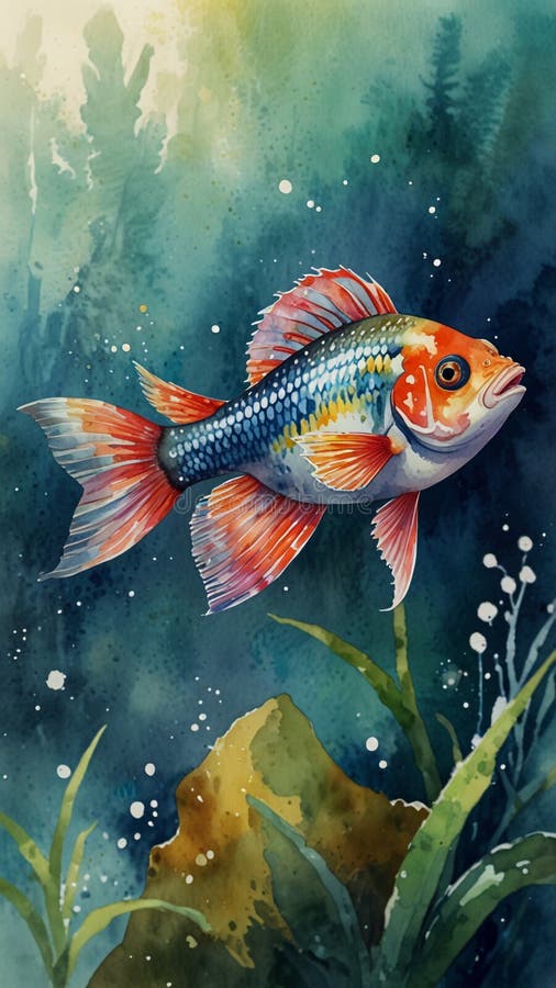 水彩画 : 鱼缸中最喜欢的，是炫目的鱼尾鳍，颜色鲜艳，自然活泼的嬉皮士 库存例证