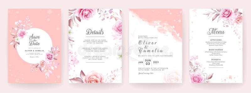 水彩花饰婚礼邀请卡模板 保存日期、问候语、rsvp、 皇族释放例证