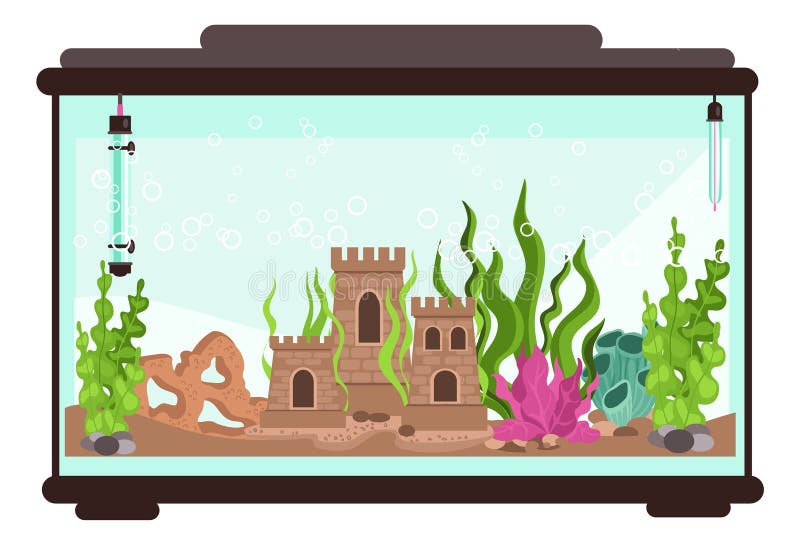 Aquarium element. Fish tank with seaweeds and castle. Empty fishbowl. Glass square container. Clean water. Undersea plants. Sea algae and sand. Underwater animals home. Vector aquaculture equipment. Aquarium element. Fish tank with seaweeds and castle. Empty fishbowl. Glass square container. Clean water. Undersea plants. Sea algae and sand. Underwater animals home. Vector aquaculture equipment