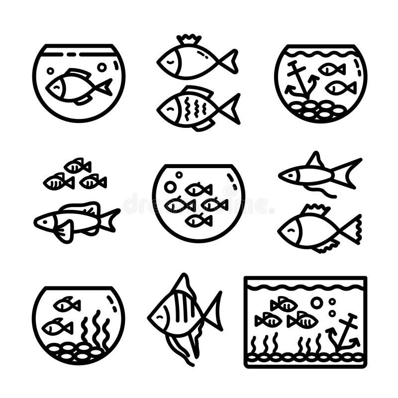 Aquarium tanks outline icons set, different types of aquariums with plants and fish. Vector Illustrations isolated on white. Aquarium tanks outline icons set, different types of aquariums with plants and fish. Vector Illustrations isolated on white