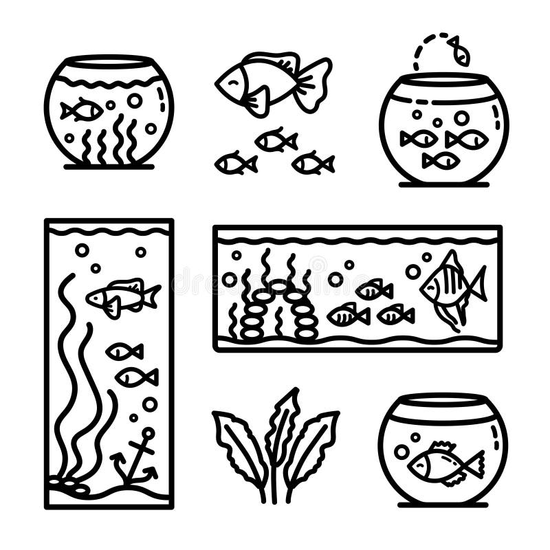 Aquarium tanks outline icons set, different types of aquariums with plants and fish. Vector Illustrations isolated on white. Aquarium tanks outline icons set, different types of aquariums with plants and fish. Vector Illustrations isolated on white