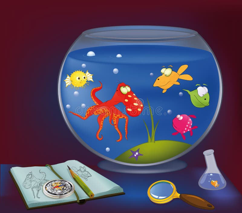 Octopus, an aquarium, and small fishes. Octopus, an aquarium, and small fishes